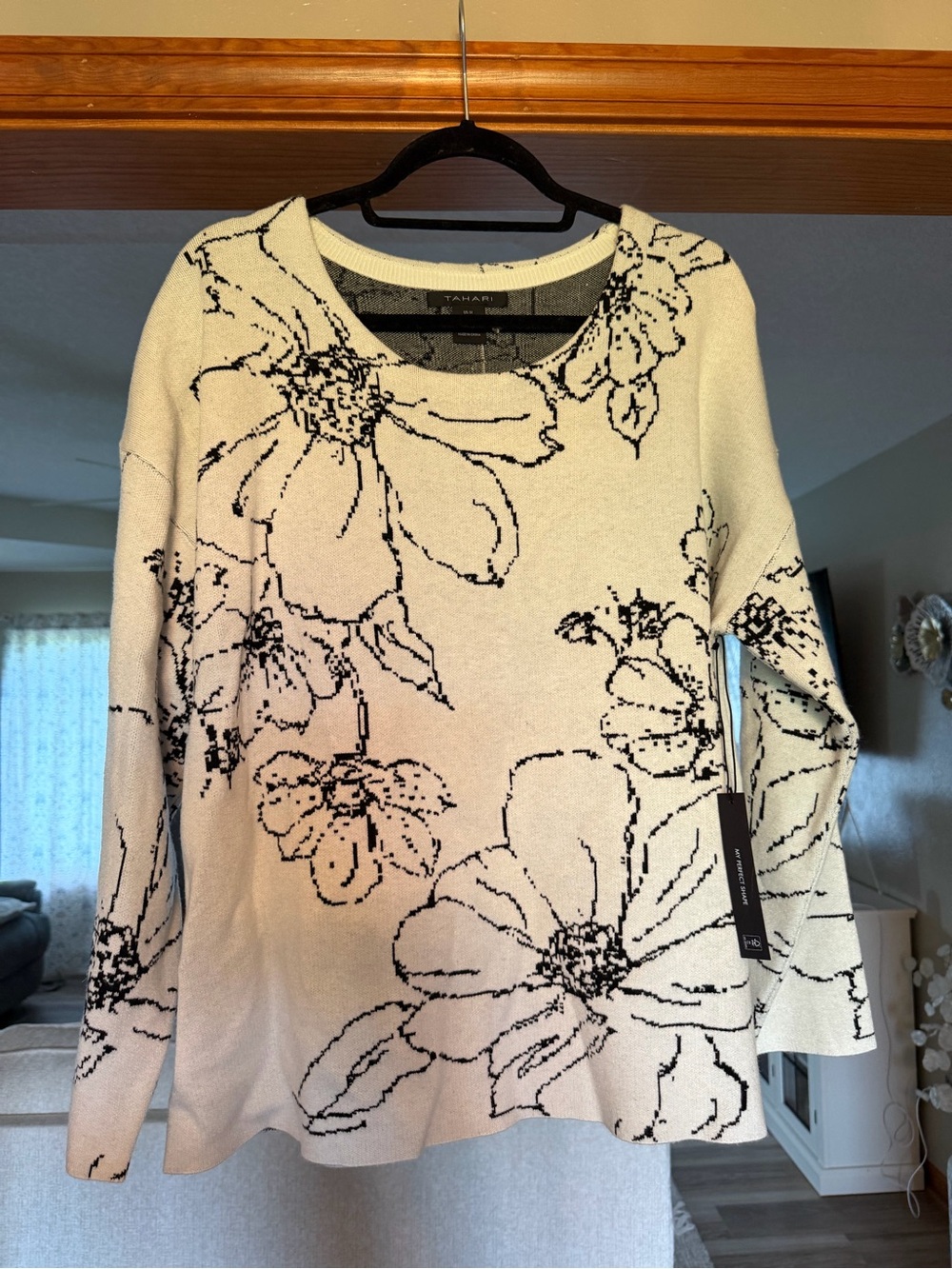 Tahari Cream and Black Floral Crewneck Sweater